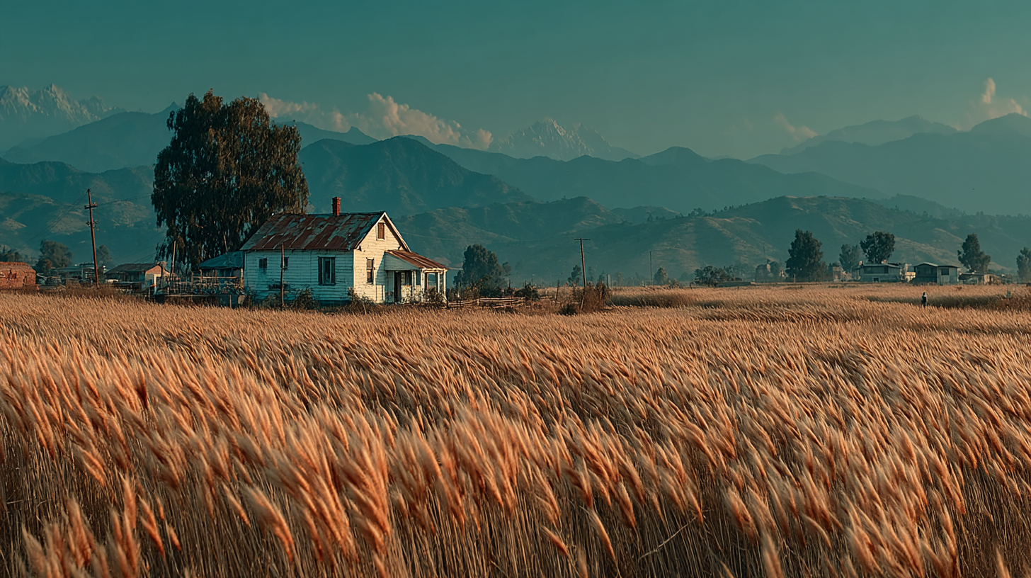 Farmhouse in golden wheat field with mountains in the distance